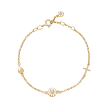 Marguerit armbånd med tro, håb og kærlighed 7,5mm 24kt forgyldt hvid emalje 17-18-19 cm 925