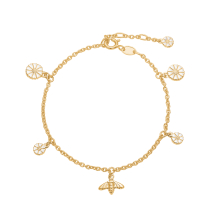 Marguerit armbånd 2x7,5 mm + 3x5 mm og med bi 24kt forgyldt hvid emalje 17-18-19 cm 925