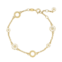 Marguerit armbånd 3x5mm og 2x7,5mm med flettet cirkel 24kt forgyldt hvid emalje 17-18-19 cm 925
