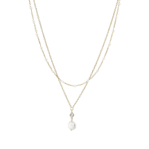 Collier med dobbelt kæde med zirkonia og ferskvandsperle forgyldt 925