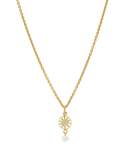 Marguerit collier 9mm med ferskvandsperle 4-4,5mm 24kt forgyldt hvid emalje 45-48cm 925