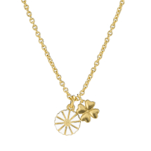 Marguerit collier 9 mm med firkløver 24kt forgyldt hvid emajle 45-48 cm 925