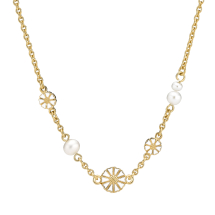 Marguerit collier 2x5mm og 1x7,5mm 3 stk ferskvandsperle 24kt forgyldt hvid emajle 45-48cm 925