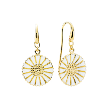 Marguerit ørehænger 18mm 24 kt forgyldt med hvid emalje 925