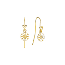 Marguerit ørehænger 7,5mm med mat hjerte 24 kt forgyldt hvid emalje 925