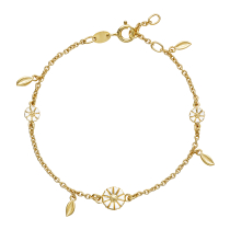 Marguerit armbånd 2x5 mm og 1x7,5mm med 4 blade 24 KT forgyldt hvid emalje 17-18-19 cm 925