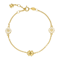 Marguerit armbånd 2x7,5mm med firkløver 24kt forgyldt hvid emajle 17-18-19cm 925