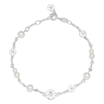 Marguerit armbånd 4x5mm og 1x7,5mm 7 stk ferskvandsperle hvid emajle 17-18-19 cm 925