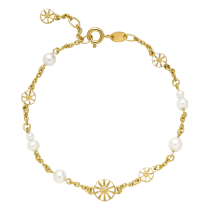 Marguerit armbånd 4x5mm og 1x7,5mm 7 stk ferskvandsperle 24kt forgyldt hvid emajle 17-18-19 cm 925