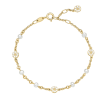 Marguerit armbånd 4x5mm ferskvandsperler 24kt forgyldt hvid emalje 17-18-19cm 925