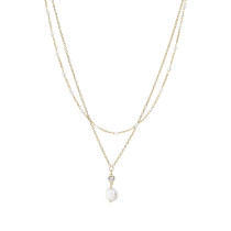 Collier med dobbelt kæde med zirkonia og ferskvandsperle forgyldt 925