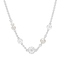 Marguerit collier 2x5mm og 1x7,5mm 3 stk ferskvandsperle hvid emajle 45-48cm 925